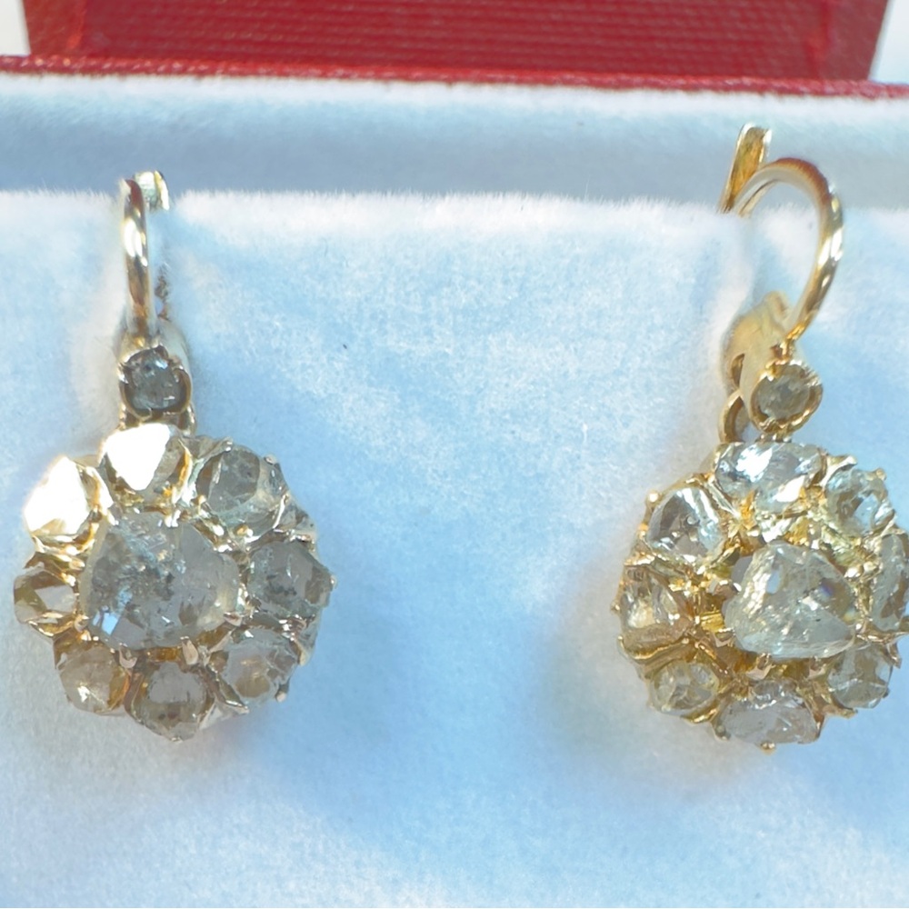 Gold Edwardian  Dangle Diamond Flower Earrings